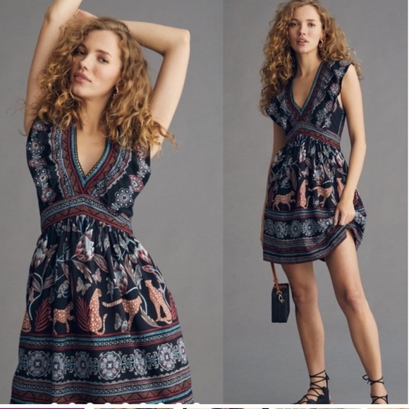 Anthropologie Deep V leopard butterfly mini dress size M - Picture 1 of 10